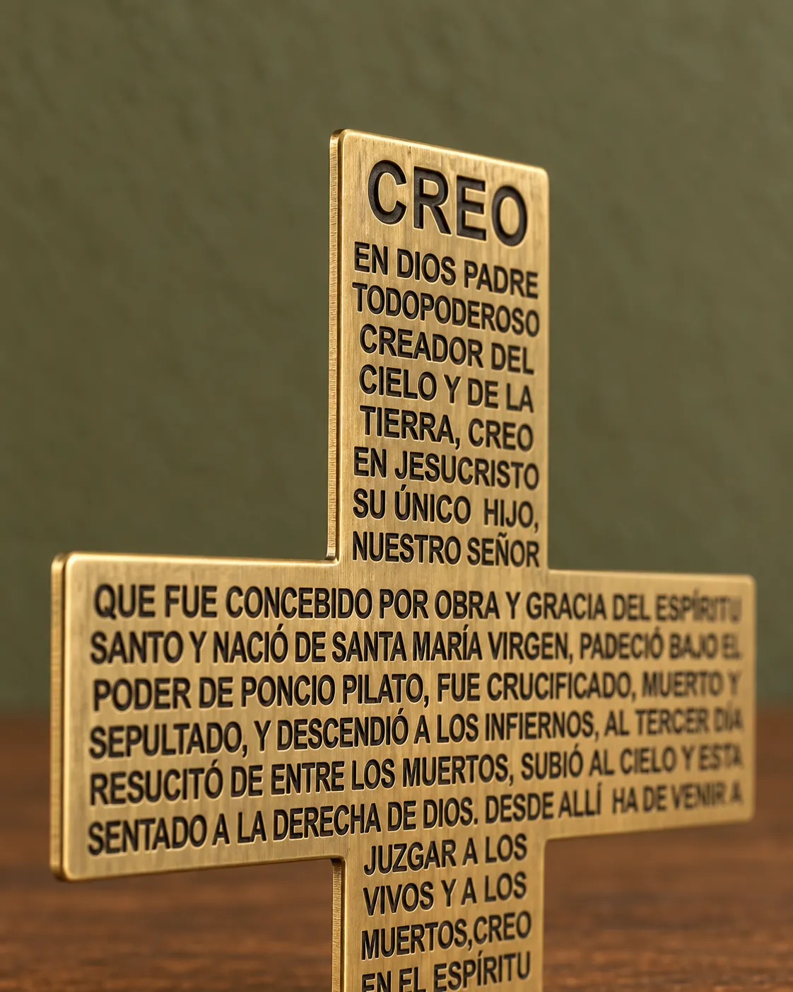 Detalle en ángulo del inicio del Credo grabado en la parte superior de la cruz