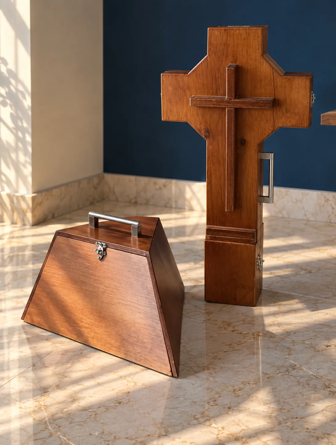 Las dos cajas de madera cerradas: una para la cruz y otra para el trípode